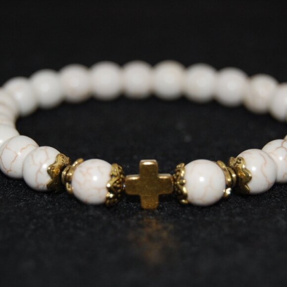 Cross Bracelet,White Howlite Bracelet,Golden Cross Bracelet,White Bracelet - Picture 1 of 2